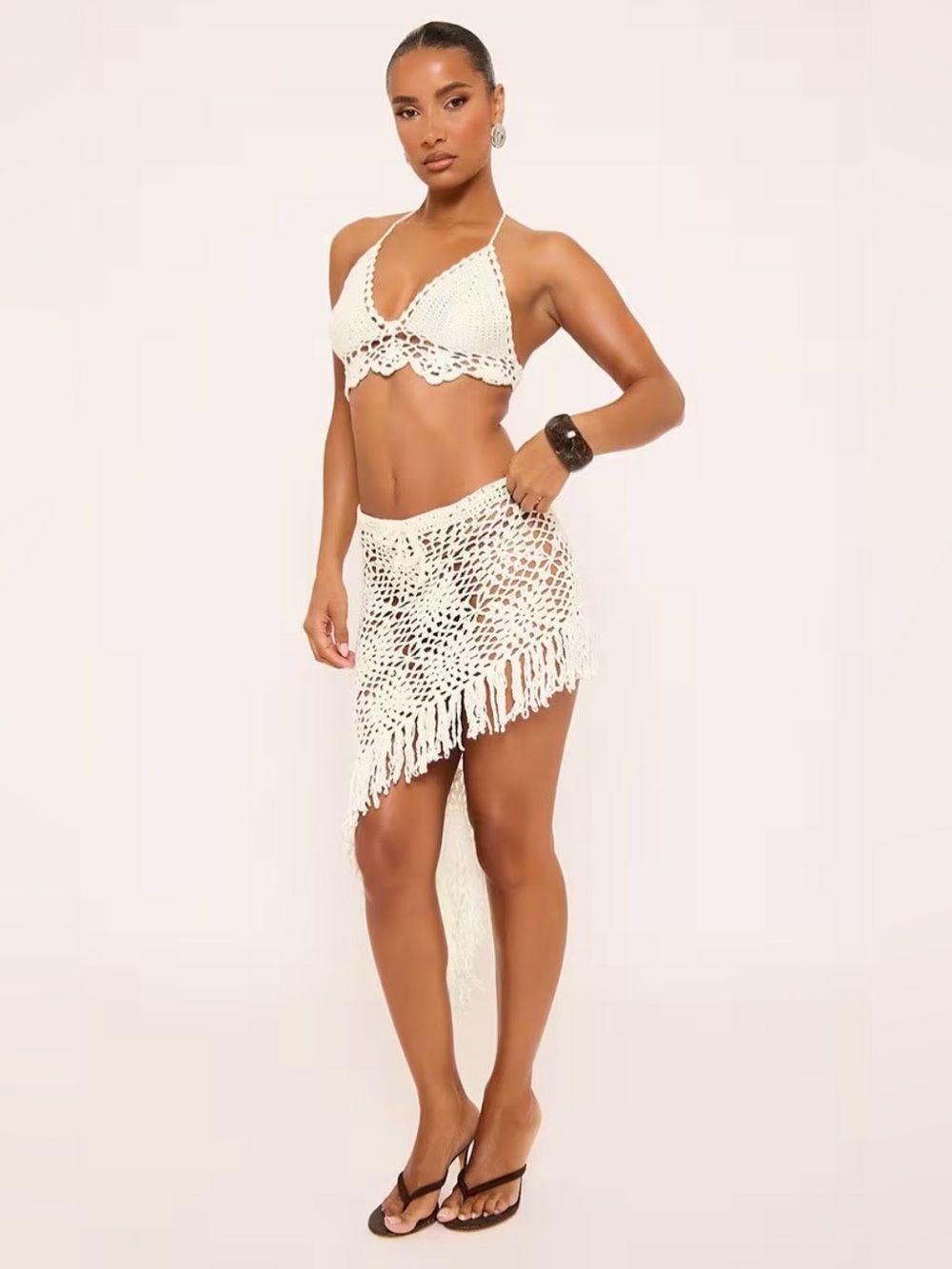 Ego Crochet Halter Bikini Top and Fringe Sarong Set - Ivory Sz S New